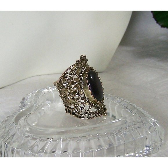 Moonstone Open Back Scalloped Bezel Set Long Knuckle Ring Filigree Brass Size 6 - Picture 4 of 6